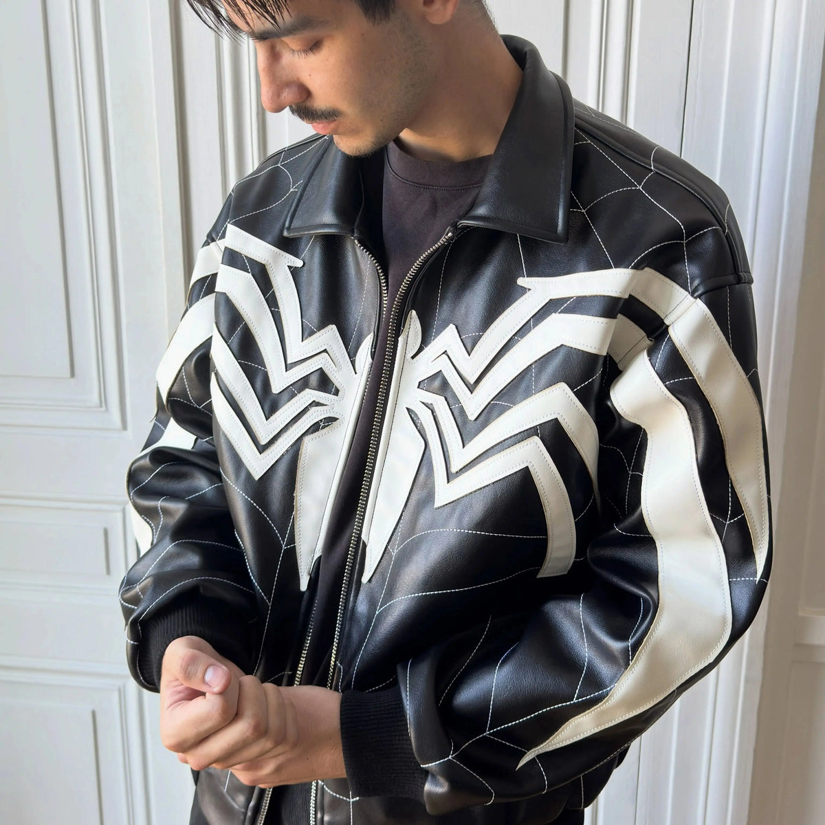 Spider-Man Spiderweb Embroidered Leather Jacket – Black & White Gothic Streetwear