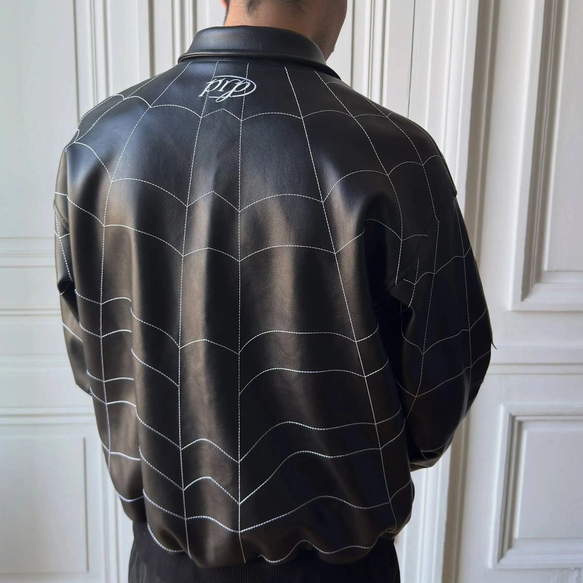 Spider-Man Spiderweb Embroidered Leather Jacket – Black & White Gothic Streetwear