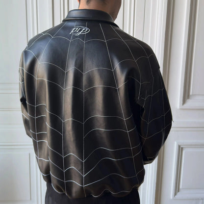 Spider-Man Spiderweb Embroidered Leather Jacket – Black & White Gothic Streetwear
