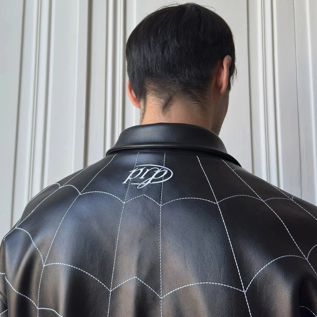 Spider-Man Spiderweb Embroidered Leather Jacket – Black & White Gothic Streetwear
