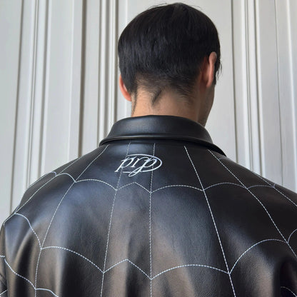 Spider-Man Spiderweb Embroidered Leather Jacket – Black & White Gothic Streetwear