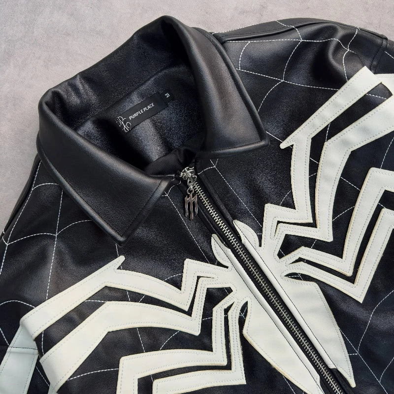 Spider-Man Spiderweb Embroidered Leather Jacket – Black & White Gothic Streetwear