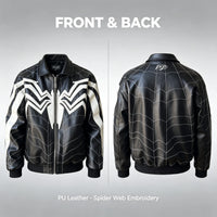 Spider-Man Spiderweb Embroidered Leather Jacket – Black & White Gothic Streetwear