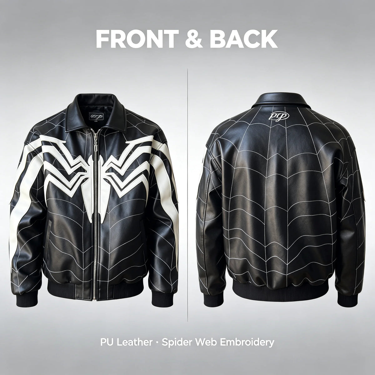 Spider-Man Spiderweb Embroidered Leather Jacket – Black & White Gothic Streetwear