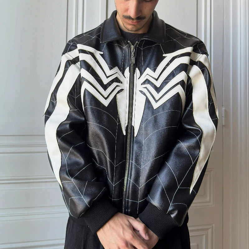 Spider-Man Spiderweb Embroidered Leather Jacket – Black & White Gothic Streetwear