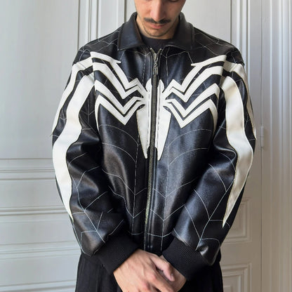 Spider-Man Spiderweb Embroidered Leather Jacket – Black & White Gothic Streetwear