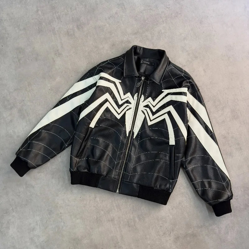 Spider-Man Spiderweb Embroidered Leather Jacket – Black & White Gothic Streetwear